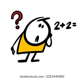 Poor student cannot solve math simple problem. Vector illustration of a thoughtful stickman boy. Hand drawn stick figure character isolated on white background.