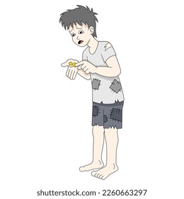poor teenager is sad counting the money that is not enough to share food. vector design illustration art