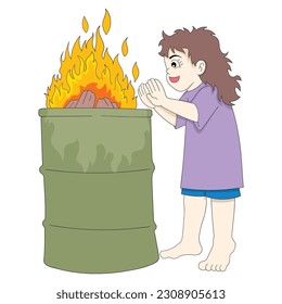 poor trashy girl was warming herself at the bonfire. vector design illustration art