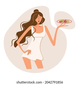 A poor, unhappy girl with obvious signs of anorexia is holding a plate of salad. A young woman in a white dress wants to eat a salad. Advertising of salads. Vector flat illustration in modern style.