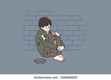 Poor unhappy small boy begging on street with empty bowl. Upset little homeless kid hungry sad ask for help or food outdoors. Poverty, children beggar concept. Vector illustration. Cartoon character. 