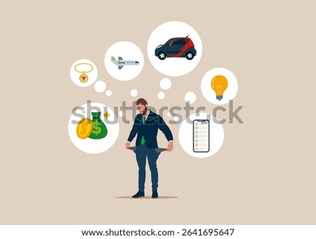 Poor and upset businessman showing empty pockets with no money. Broke businessman. Plans fell through. Dreams on the background. House, car, travel, decorations, budget, finance, money savings. 