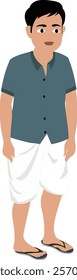 Poor village boy cartoon character wearing dhoti and shirt. An Indian kid character design standing with slippers on. 