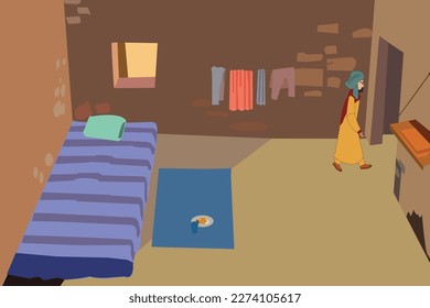 Poor village house inside view vector artwork.