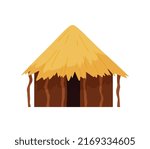 Poor village hut or shelter made of straw and reeds, flat cartoon vector illustration isolated on white background. African ethnic hut or traditional dwelling.