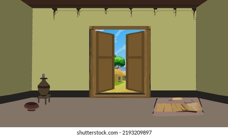 Poor Villagers House Interiors For Cartoon Background.