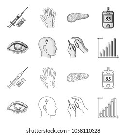 Poor vision, headache, glucose test, insulin dependence. Diabetic set collection icons in outline,monochrome style vector symbol stock illustration web.