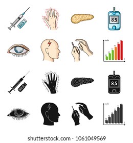 Poor vision, headache, glucose test, insulin dependence. Diabetic set collection icons in black,cartoon style vector symbol stock illustration web.