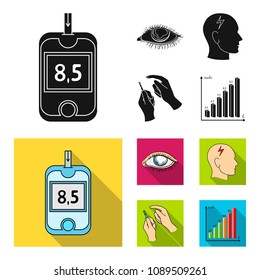 Poor vision, headache, glucose test, insulin dependence. Diabetic set collection icons in black, flat style vector symbol stock illustration web.