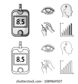 Poor vision, headache, glucose test, insulin dependence. Diabetic set collection icons in outline,monochrome style vector symbol stock illustration web.