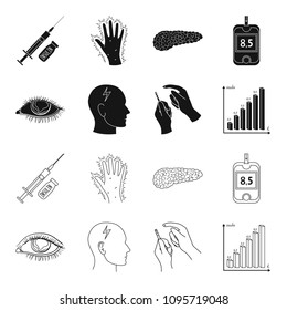 Poor vision, headache, glucose test, insulin dependence. Diabetic set collection icons in black,outline style vector symbol stock illustration web.