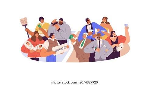 Poor vs rich people. Wealth and poverty concept. Financial gap between different social classes. Compare of inequality and disparity of societies. Flat vector illustration isolated on white background