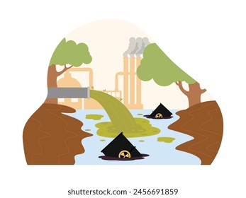 Poor water quality due to waste and fuel dumping in rivers, pollution vector illustration.