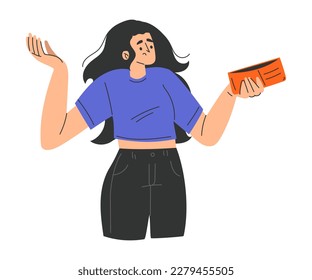 Poor Woman Character with Empty Wallet Having No Money Vector Illustration