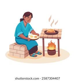 A poor woman cooking food on fire, flat style illustration 

