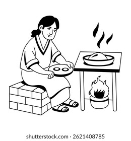 Uma pobre mulher cozinhando comida no fogo, ilustração de estilo glifo 

