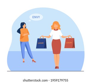 Poor woman feeling envy to rich lady. Luxury, bag, money flat vector illustration. Wealth and poverty concept for banner, website design or landing web page