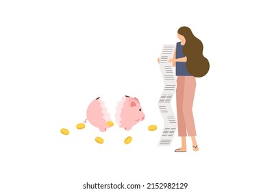 A poor woman has little money to pay for expenses, flat design of money management vector, flat design of a woman with long shopping list vector, flat design of broken piggy bank vector. 