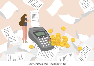 A poor woman has little money to pay for expenses, flat design of money management vector, flat design of a woman with many shopping list vector, woman make payment for many bills.