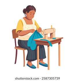 A poor woman sewing clothes illustration in flat style 
