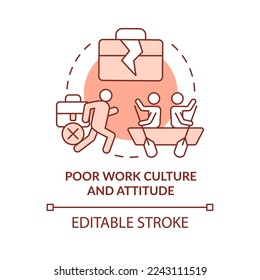 Poor work culture and attitude red concept icon. Modern public sector issue abstract idea thin line illustration. Isolated outline drawing. Editable stroke. Arial, Myriad Pro-Bold fonts used