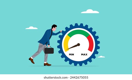 ilustración de concepto de bajo rendimiento laboral, pereza en el trabajo que impide que un negocio se desarrolle o crezca, triste empresario apoyado en engranajes de rueda dentada con medidor de bajo nivel de productividad