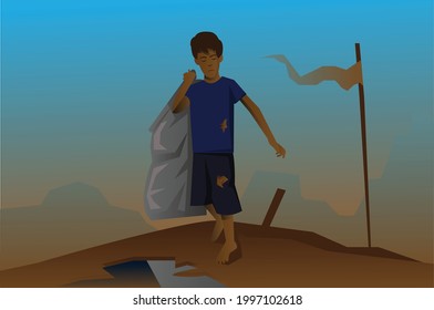 a poor young boy picking waste things and child labour 