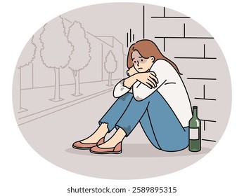 Poor young woman sit on ground on street suffer from alcoholic addiction. Unhappy female addict beg outdoors with wine bottle. Alcohol and bad habit. Vector illustration.