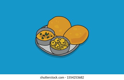 Poori Aloo Bhaaji Hand Drawn Vector Illustration 