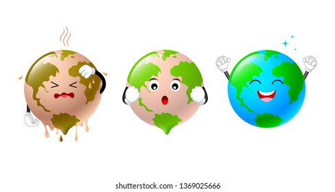 Poorly globe character change to bright world. Global warming concept. Ecological clean planet against pollution environmental. Illustration isolated on white background.