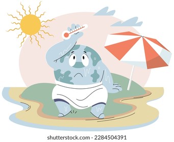 Poorly globe sits on dry ground under hot sun with thermometer. Cartoon earth global warming concept. Planet is overheating, Environmental problem due to climate change. Natural disasters cataclysms
