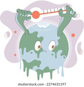 Poorly globe with thermometer, planet is melting dripping drops. Cartoon earth, global warming concept. Planet is overheating, Environmental problem due to climate change. Natural disasters cataclysms