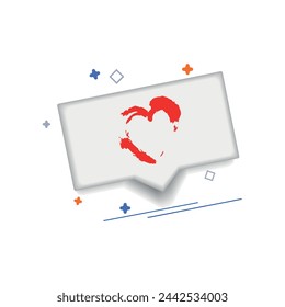 Pop up 3D love notification, cute hand drawn red heart shaped symbol, speech bubble on white background. With love, Valentine's Day, Wedding Day