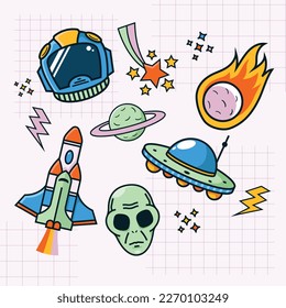 Pop 90's Sticker Icon Space Objects with Cartoon Style  