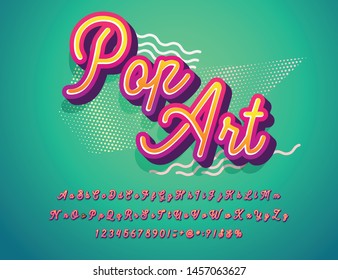Pop art. 3D alphabet, script cartoon font. Retro colorful design.