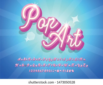 Pop art. 3D script font. Pink and blue color. Modern script lettering text design. Wallpaper. Vector illustration.