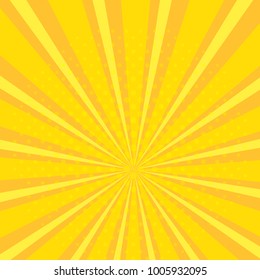 Pop art abstract background with bright yellow and orange sunbeams and halftone dots. Vector illustration