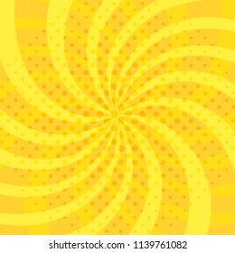 Pop art abstract background with bright yellow sunbeams and halftone in pop art style. Vector illustration