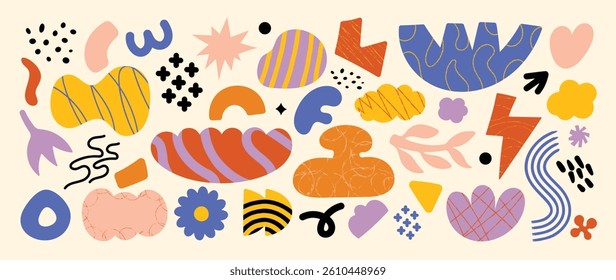 Pop art Abstract background design vector. Wallpaper contemporary figure, leaf, flower, sparkle, geometric shape in funky groovy. Cute hippie design element perfect for banner, print, stickers.