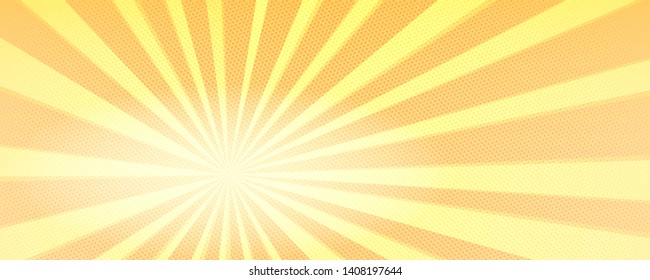 Pop art abstract background with sunbeams and halftone dotted effect. Striped retro frame with yellow rays. Comic book cover or backdrop for history of Superhero. Vector illustration.