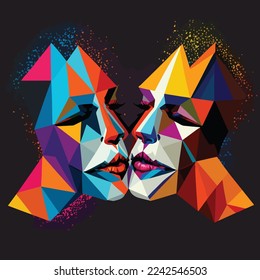 Pop Art Abstract Colorful Two Faces Kissing Non-Binary