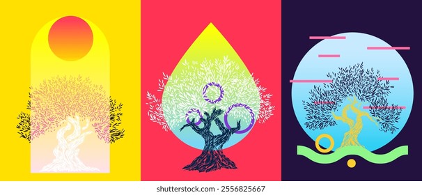 Pop art abstract fashion background composition with tree and minimal geometric elements in modern colorful style. Creative design for cover banner, poster. Vector vivid illustration.