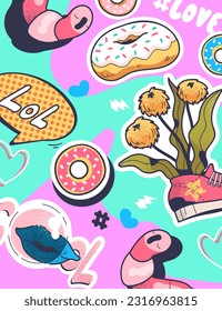 Pop art abstract poster. Comic flyer with donut, bubble gum and sneakers pattern. Cool colored banner for teenager. Trendy print for packaging, fabrics and wallpapers. Cartoon flat vector illustration