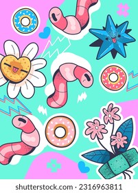 Pop art abstract poster. Trendy banner with flowers, donuts, cute worm and star. Colorful print with fun pattern. Comic teen background for textiles and packaging. Cartoon flat vector illustration