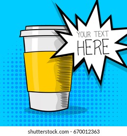 Pop art advertise coffee poster. Mockup paper hot tea coffee mug. Beautiful comic wow bright color poster. Comic text cartoon speech sale bubble, balloon cloud box. Vector halftone illustration.