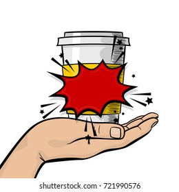 Pop art advertise poster. Man, guy hand hold paper hot tea coffee mug. Strong wow finger, mock up. Comic text cartoon speech sale bubble, balloon cloud box. Vector halftone illustration.