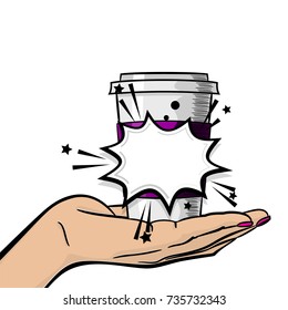 Pop Art Advertise Poster. Woman Hand Hold Paper Hot Tea Coffee Mug. Young Beautiful Popart Wow Finger, Pink Nail. Comic Text Cartoon Speech Sale Bubble. Vector Pop Art Halftone Illustration.