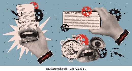 Pop art aesthetics news collage. Surreal atmosphere Grunge.  Phone in hand, newspaper, lips, eyes. Vector.