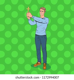 Pop Art Afraid Man Defending from Violence with Cross. Shocked Guy. Vector illustration