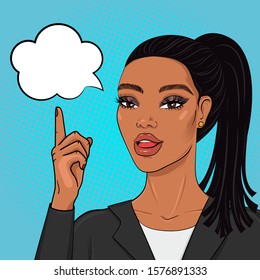 Pop art african american buiseness woman pointing finger on speech bubble, vector illustration in retro comic style